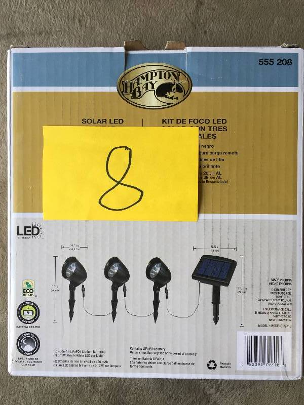 lot 8 image: Hampton Bay 3-Light Black LED Outdoor Solar Spot Light Kit Model # 79718 New