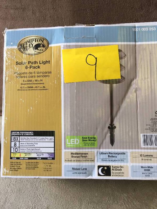 lot 9 image: Hampton Bay Solar Powered Landscape LED Mediterranean Bronze Ribbed Plastic Lens Outdoor Path Light with 3-Tier (6-Pack) New