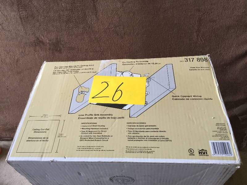 lot 26 image: Hampton Bay 110 CFM Ceiling Exhaust Bath Fan Model # BPT18-34A-2 New