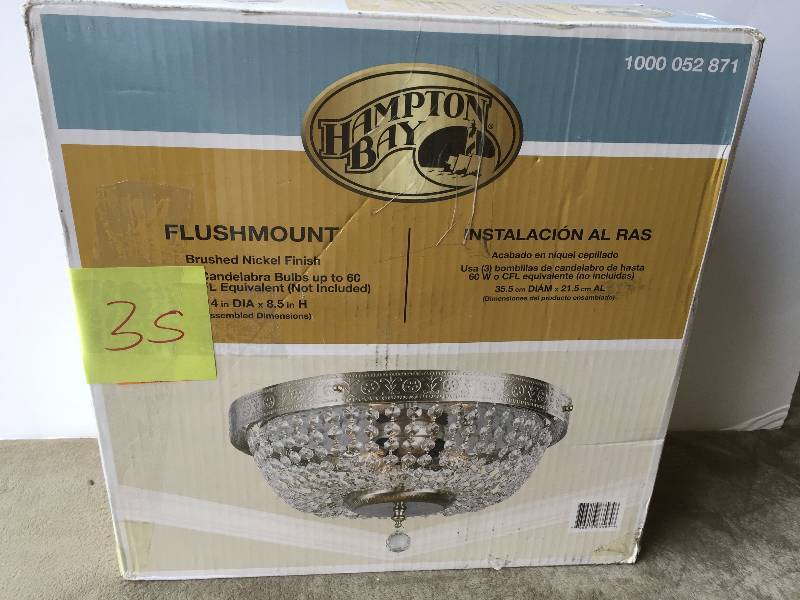 lot 35 image: Hampton Bay 3-Light Brushed Nickel Flushmount with Crystal Accents Model # 1000052871 new