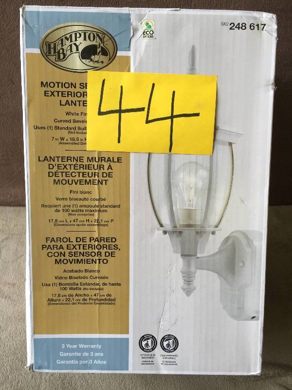 lot 44 image: Hampton Bay Alexandria 180° White Motion-Sensing Outdoor Decorative Lamp new,Model # HBI-4192-WH