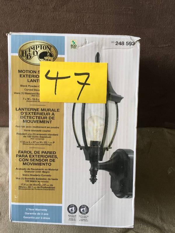 lot 47 image: Hampton Bay Alexandria 180° Black Motion-Sensing Outdoor Decorative Lamp New, Model # HBI-4192-BK