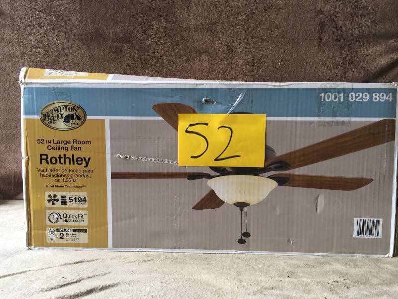 lot 52 image: Hampton Bay Rothley 52 in. Indoor Oil-Rubbed Bronze Ceiling Fan with Shatter Resistant Light Shade Model # 51564