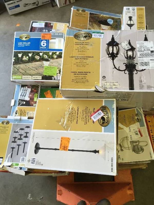 lot 62 image: Pallet of outdoor and indoor light items,  some are new but missing parts or may be incomplete, we have not fully inspect each box , some may have been used.