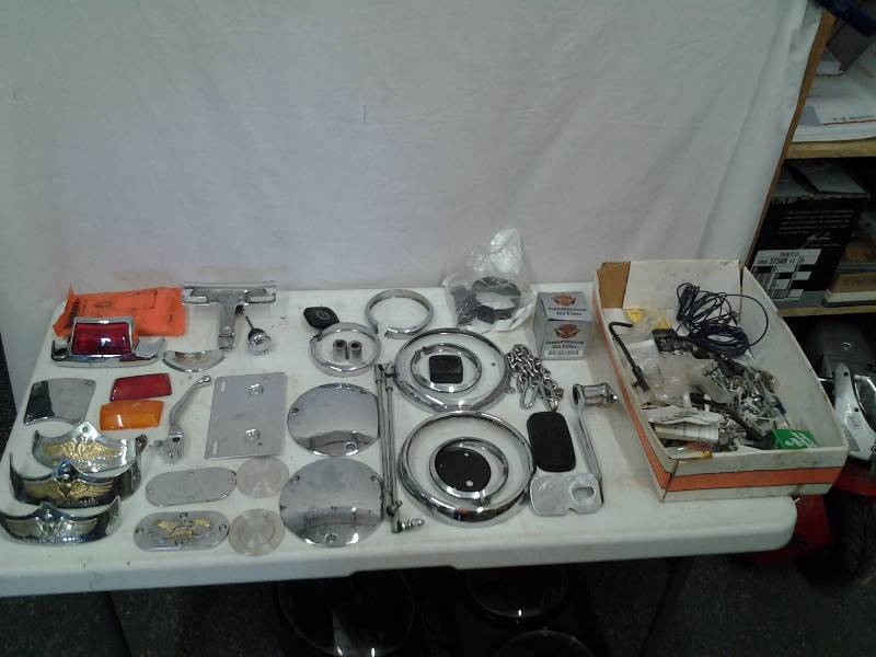 Box Lot Of Harley Parts, Trims, Accessories, Other Chrome Misc