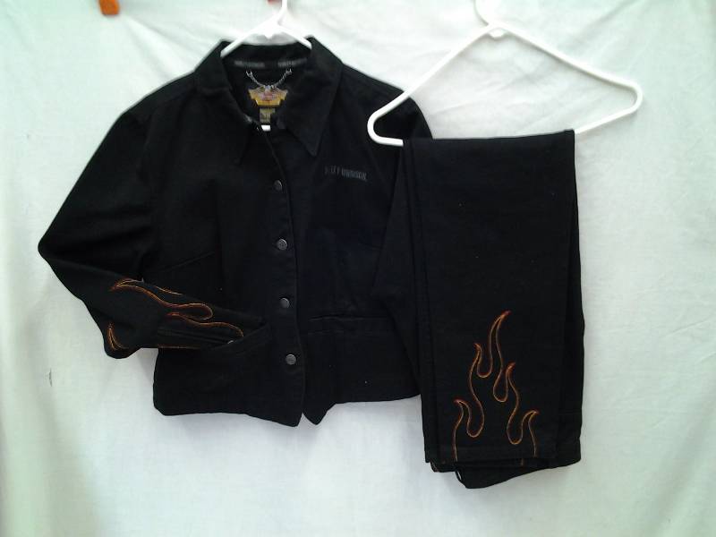 Ladies Harley 2-Piece Black Denim Flame (Jacket Size Large, Jeans size 14)