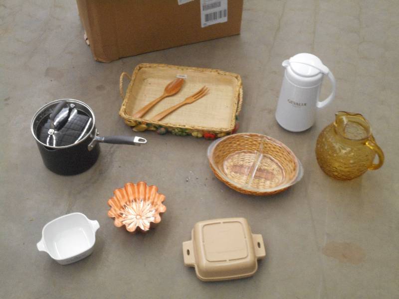 lot 34 image: Box Of Kitchen Pots, Dishes, Etc ...