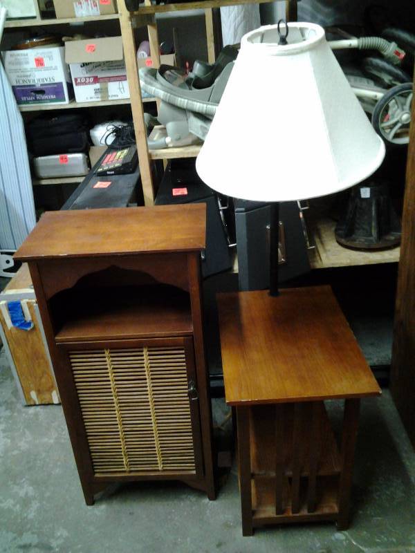 lot 26 image: Lamp End Table 14 x 20 x 53 With Shade, Bamboo Door Storage Cabinet 18 x 24 x 35