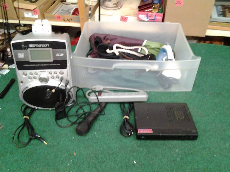 lot 40 image: Emerson Karaoke, Polaroid MP3 Player, Converter Box, Multi Plug, Misc