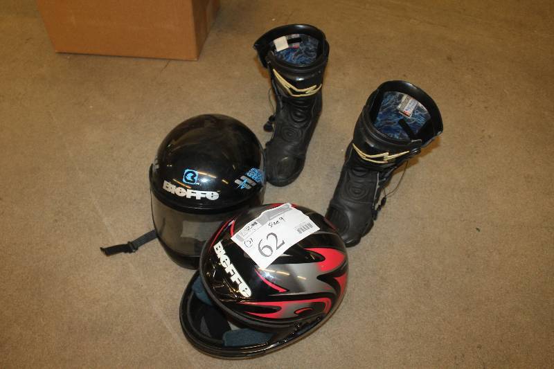 lot 62 image: Lot of (3) Motorcycle Accessories Including 2) Bieffe Helmets AND 1) Size 9 Boots
