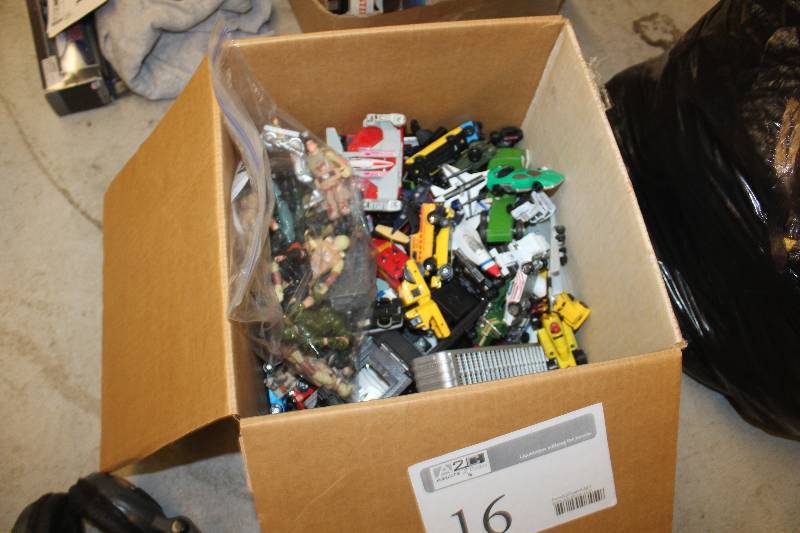 lot 16 image: Box Lot of Kids Toys Including Cars Trucks Planes Figurines