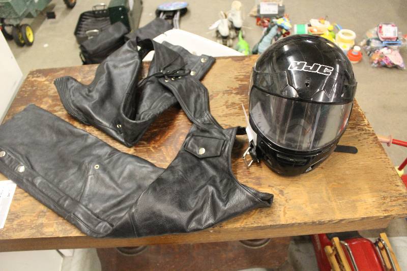 lot 37 image: Lot of (2) Motorcycle Accessories Including 1) Helmet AND 1) Chaps