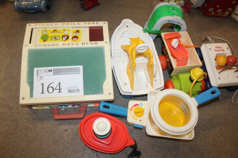 lot 164 image: Lot of (7) Vintage Fisher Price Toys Including School Desk Days Boat Train Cooking Tools