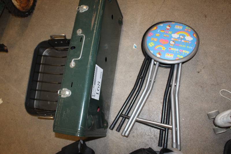 lot 168 image: Lot of (4) Including Coleman Camping Grill (2) Folding Stools and (1) Camping grill pan
