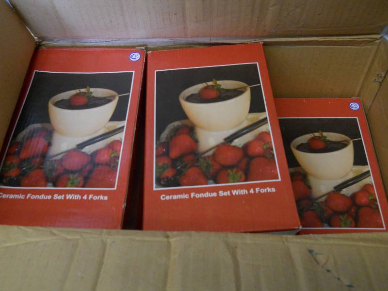 lot 21 image: CASE of Ceramic Fondue Sets with Forks (11 total sets) Good for resale  New in Boxes