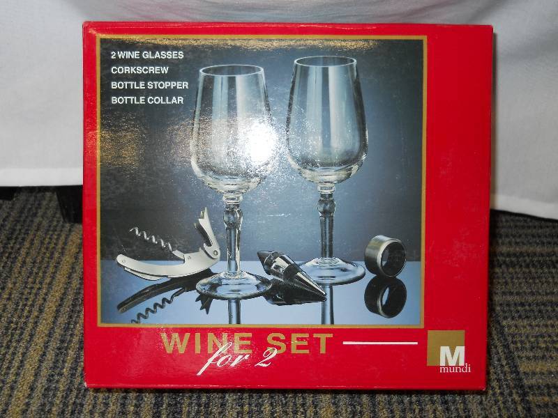 lot 23 image: Wine Set for 2, includes Stainless Steel Corkscrew, Bottle Stopper, Bottle Collar and 2 Wine Glasses