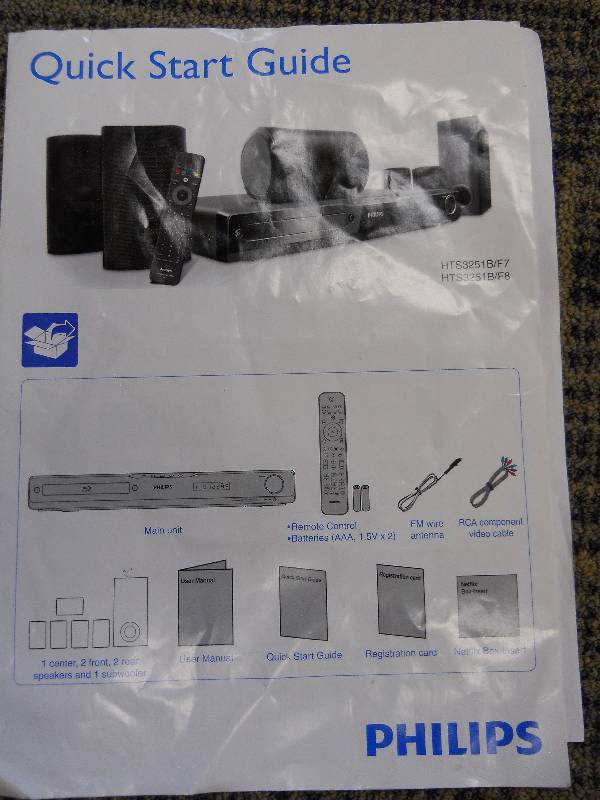 lot 29 image: PHILIPS Home Theater HTS3251BF7 1 center speaker, 2 front speakers, 2 rear speakers and subwoofer