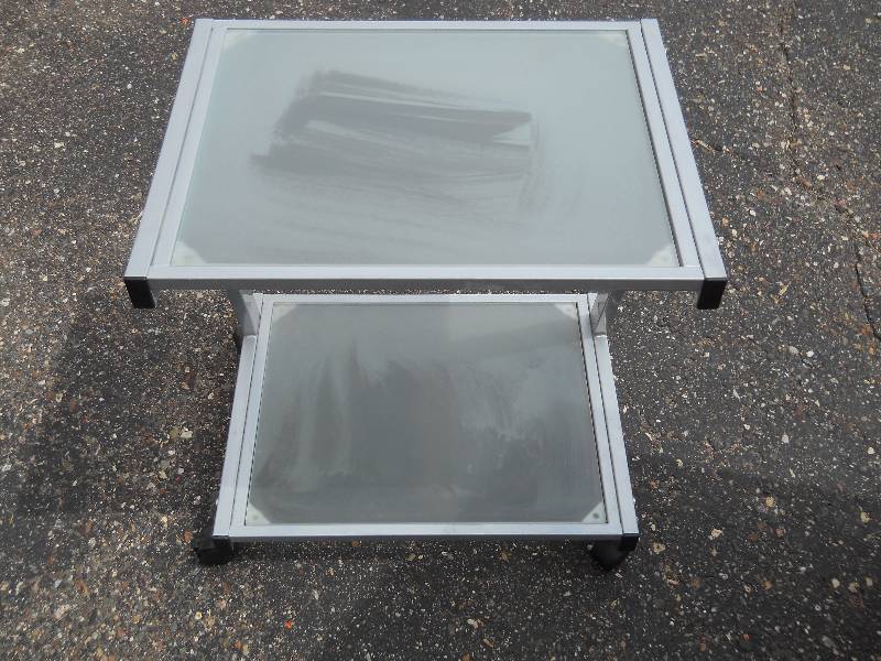 lot 43 image: Printer cart  Rolling with locking wheels and glass drop-in shelves
