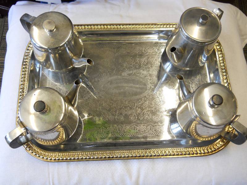 lot 62 image: FOUR (4) Stainless Steel Tea Pots plus 20 x 14 Serving Tray