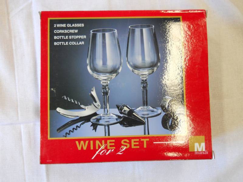 lot 67 image: Wine Set for 2, includes Stainless Steel Corkscrew, Bottle Stopper, Bottle Collar and 2 Wine Glasses