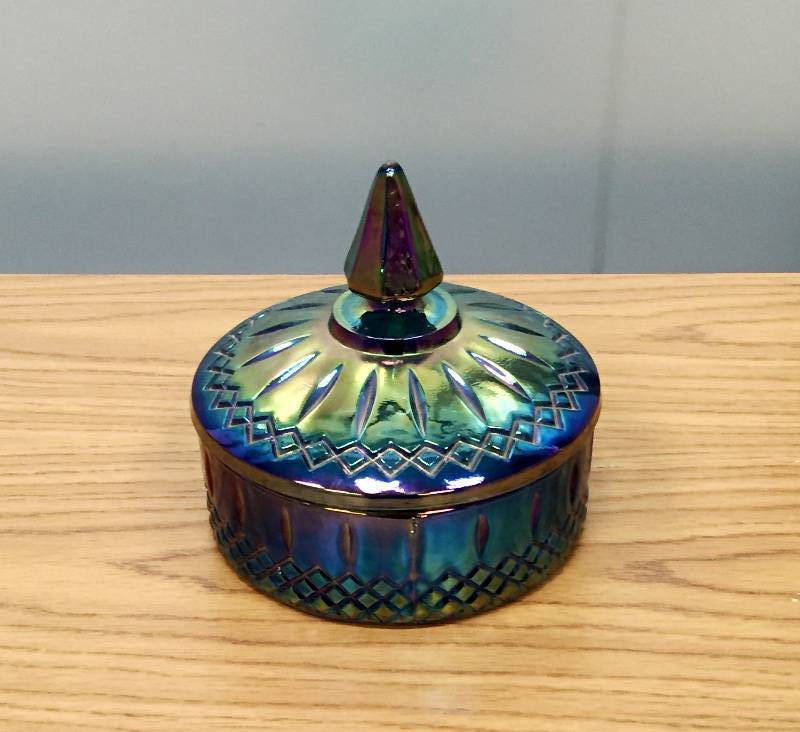lot 47 image: Vintage Indiana Glass Iridescent Blue Carnival Glass Princess Candy Box Dish - Excellent