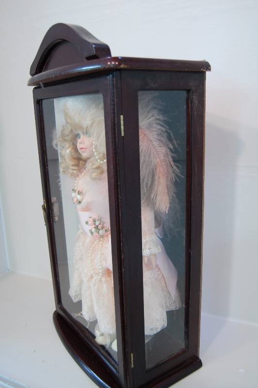 Porcelain Doll in Wood and Glass Display Case | Doll Auction | K-BID