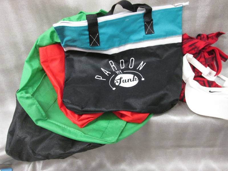 Reusable tote bags, Nike visor, Fle...