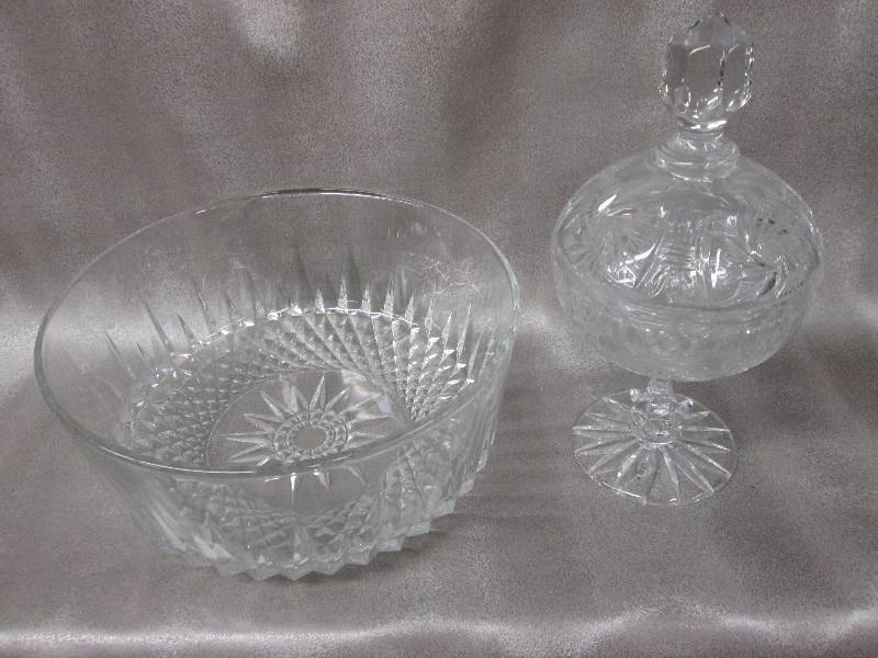 Clear cutglass bowl and covered can...