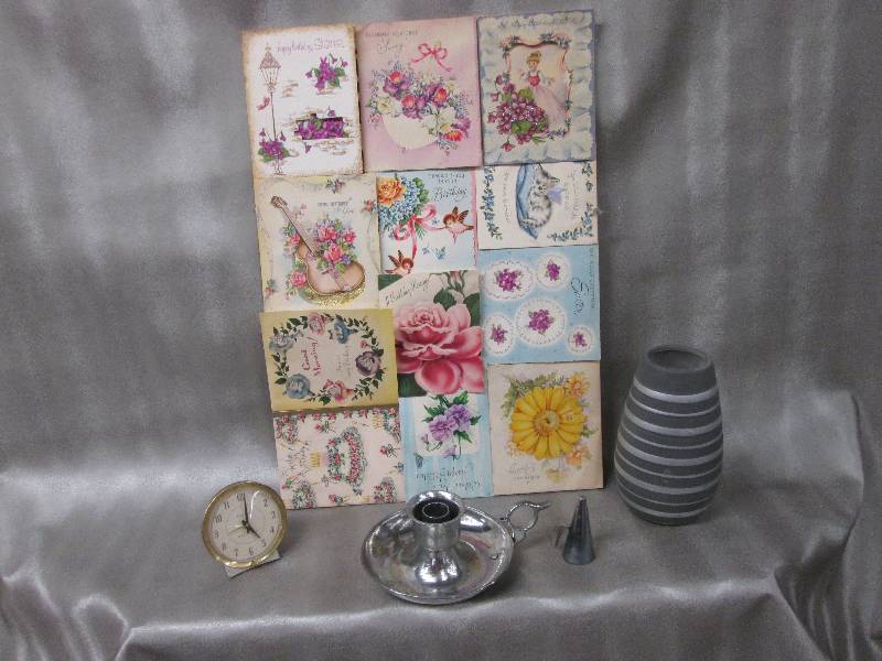 Vintage used greeting cards, alarm ...