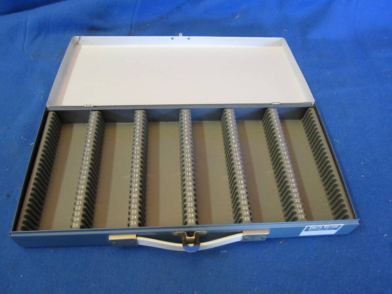 lot 112 image: Vintage box with slots for slides o...