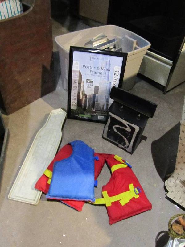 lot 209 image: bin of misc stuff life jacket tools...