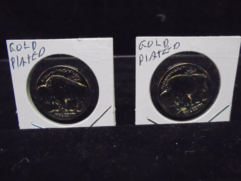 Lot - 2 Gold Plated Buffalo Nickels, not dated