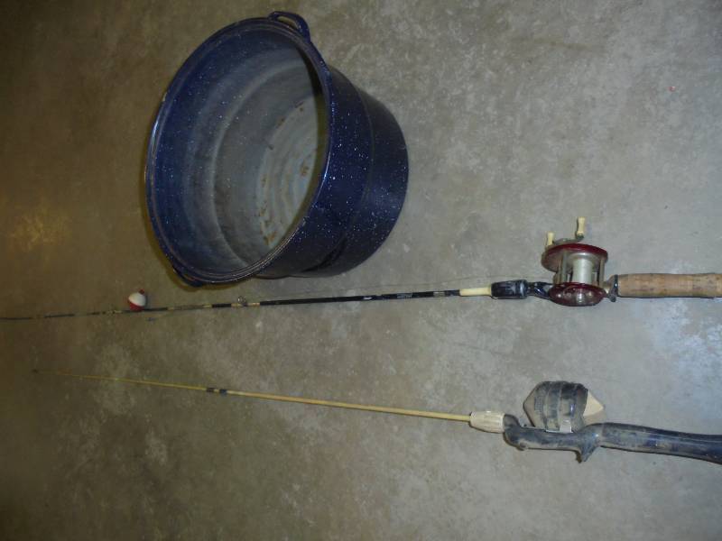 lot 42 image: Lot - Fishing Poles & Large Enamel Canister