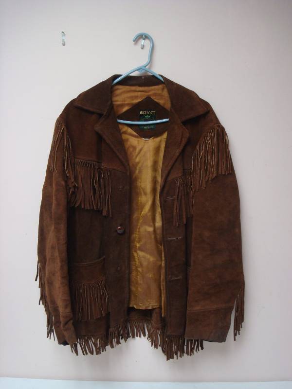 lot 94 image: Vintage Leather Fringe Jacket Coat, Has Patch Repair On The Back