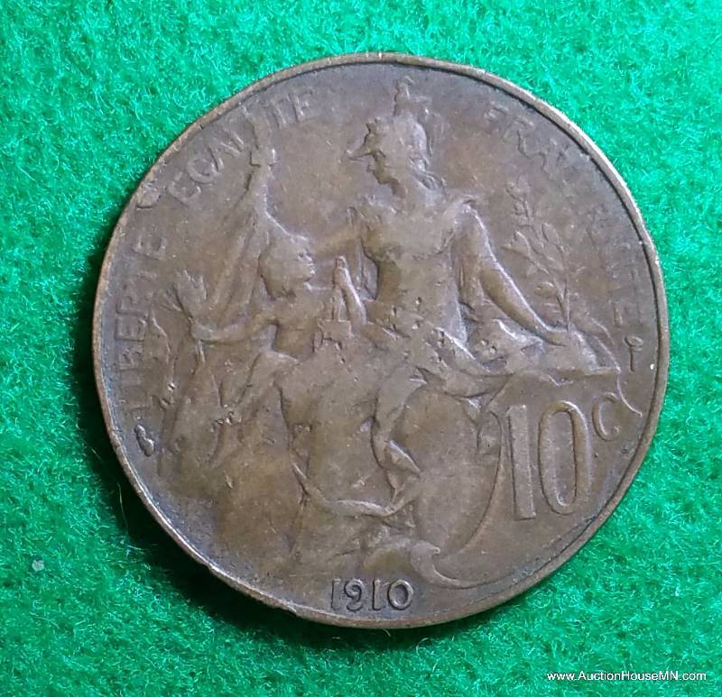 1910 France 10 Centimes Republique Francaise Bronze Coin