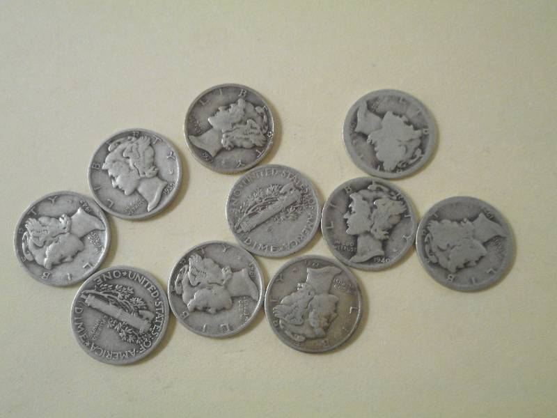 Bag Of (10) Mercuary Dimes, Common-...