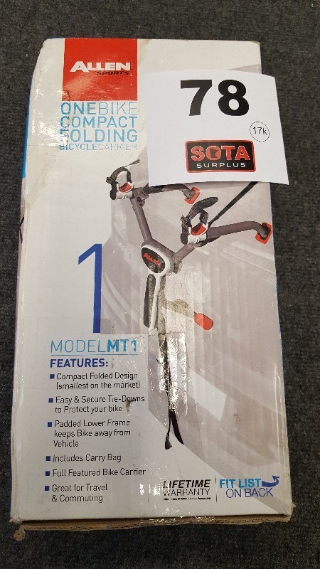 lot 78 image: Allen Sports Sports MT-1 Folding One-Bike Carrier