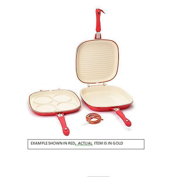 lot 22 image: Cooks Companion Cast Aluminum Ceramic Nonstick Low Pressure Triple Flip Pan  GOLD