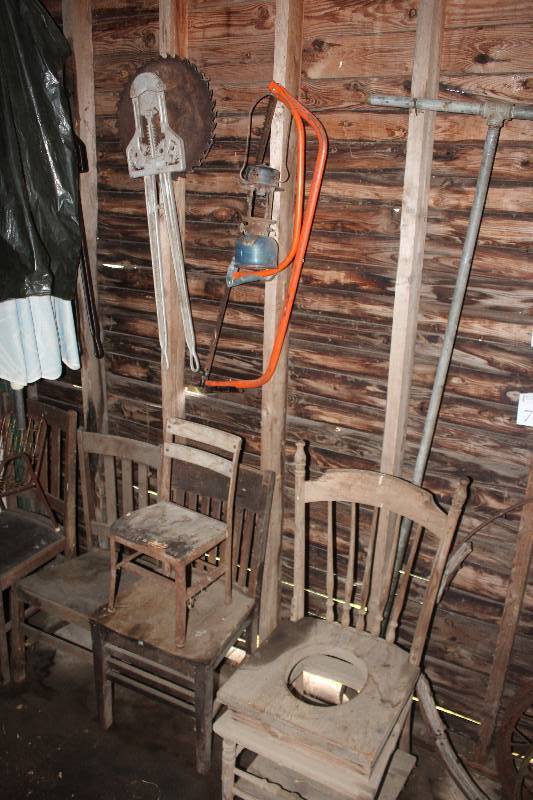 lot 71 image: Contents to Cabinet Including Chairs Saws Lantern And More