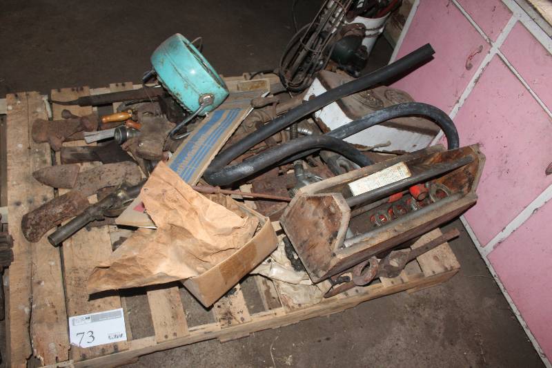 lot 73 image: Pallet Lot Including Large Wood Toolbox Fan Ax Heads Misc Tools And More