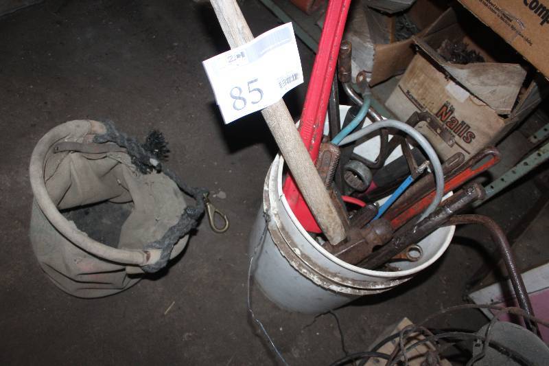lot 85 image: Bucket Lot of Tools Including Pipe Wrenches Open End Wrenches Hammers And More