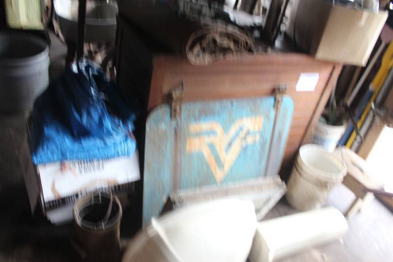 lot 110 image: Lot Including Sink Buckets Window Tarps Toy Trains Hardware And More