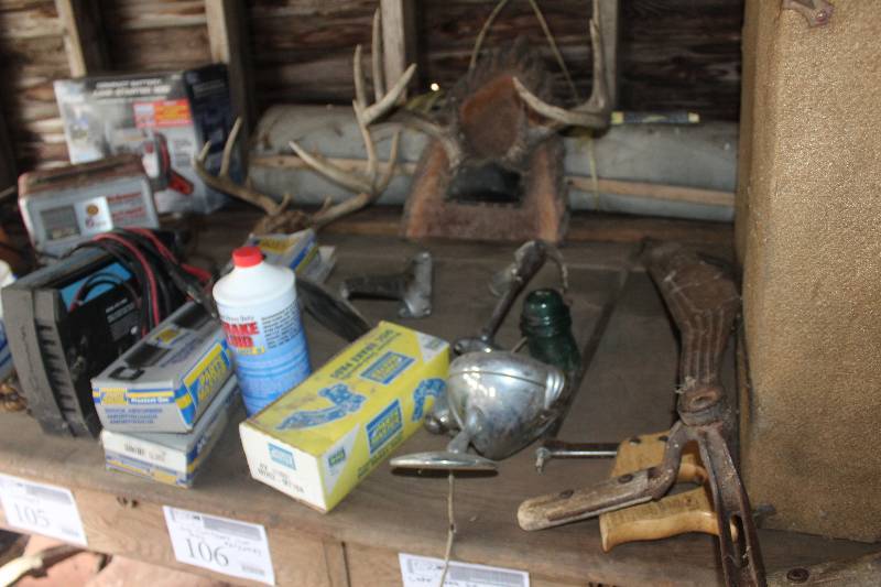 lot 105 image: Contents of Table Including Tools Car Parts Ropes