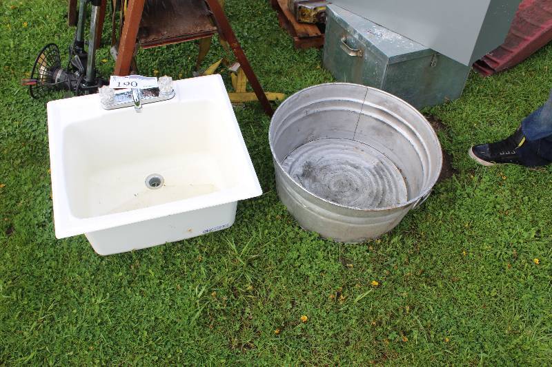 lot 190 image: Lot of (2) Including Sink w Fixtures Round Metal Wash Basin