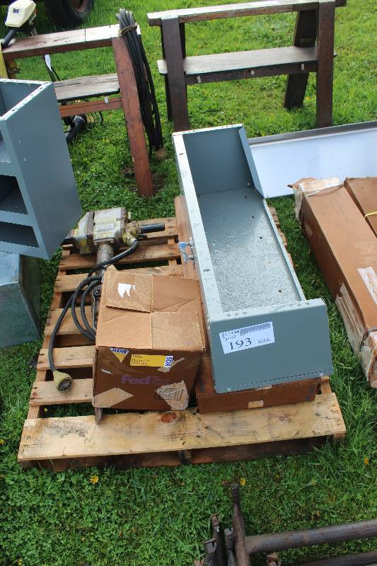 lot 193 image: Pallet Lot Including Locking Metal Shelf w Key Hydraulic Jack Hammer Box of Coffee Mate