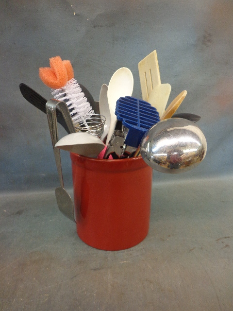 lot 61 image: Stone Ware Pot With Cooking & Baking Utensils
