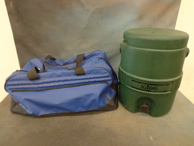 lot 154 image: 2 Gallon Igloo Cooler & Blue Duffle Bag With Extension Cords