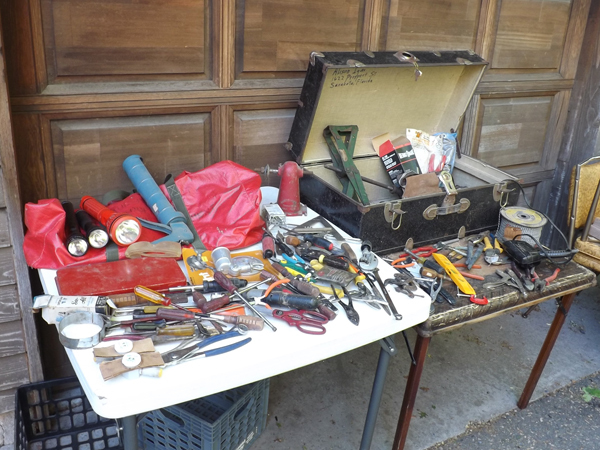 lot 6 image: Large Lot of Hand Tools etc. in a Vintage Trunk and Firemens Bag