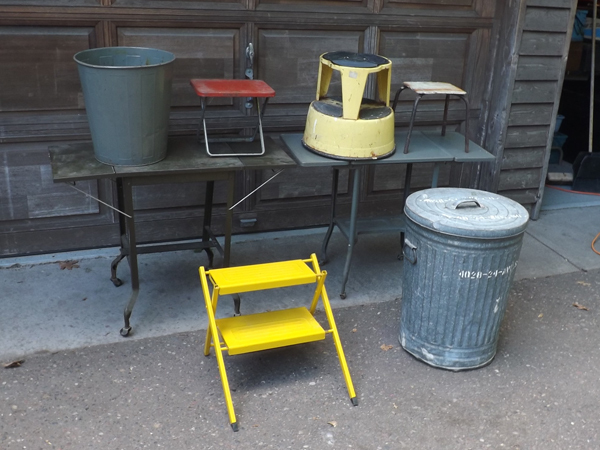 lot 49 image: Large Lot of Vintage Metal Carts, Stools, Garbage Cans, etc.