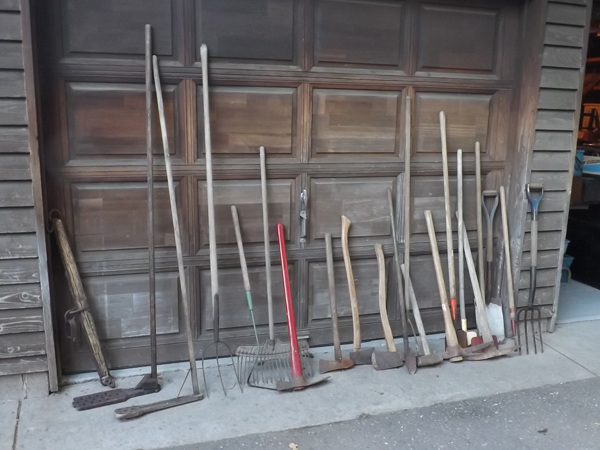 lot 50 image: Large Lot of Antique and Vintage Farm Tools, Axs, Yoke, Apple Mashers, etc.